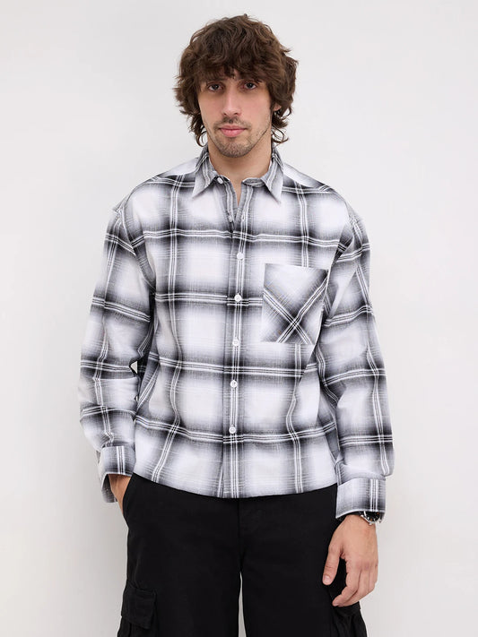 Rich Monochrome Plaid Shadow Checks Boxy Fit Crop Shirt