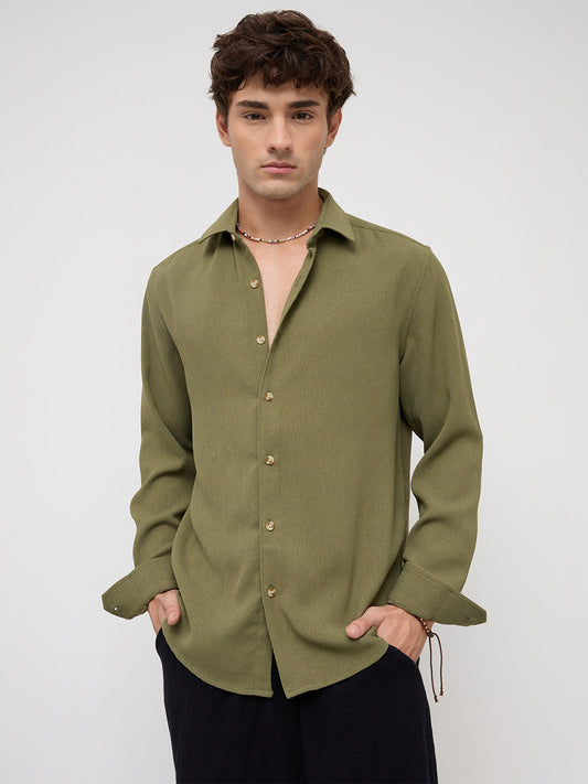 Crushed Olive Textured Crepe Shirt