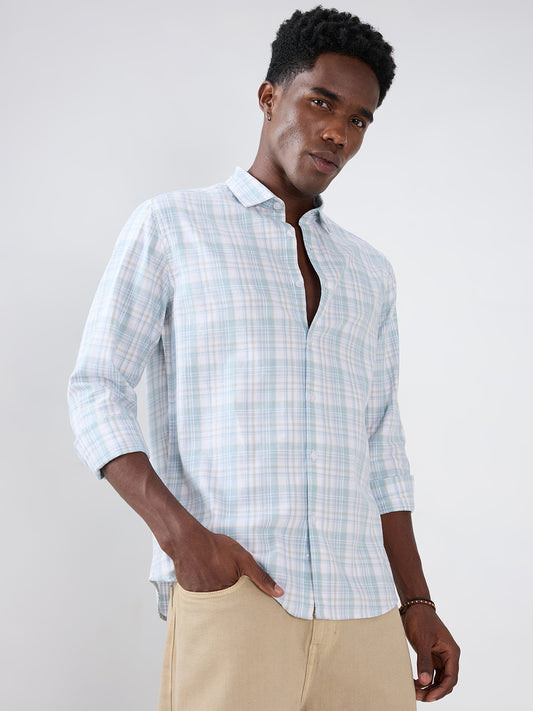 Washed Sage Green Fine Line Grid Checks Shirt