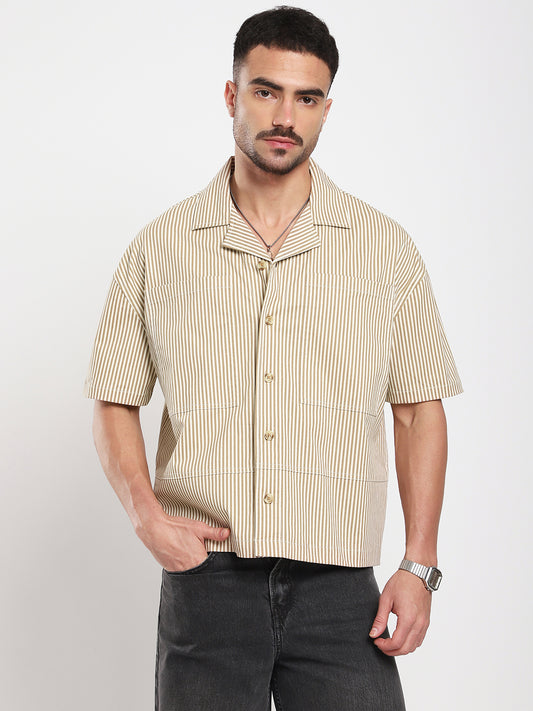 Walnut Brown Pinstripe Oversized Twin Pocket Crop Shirt