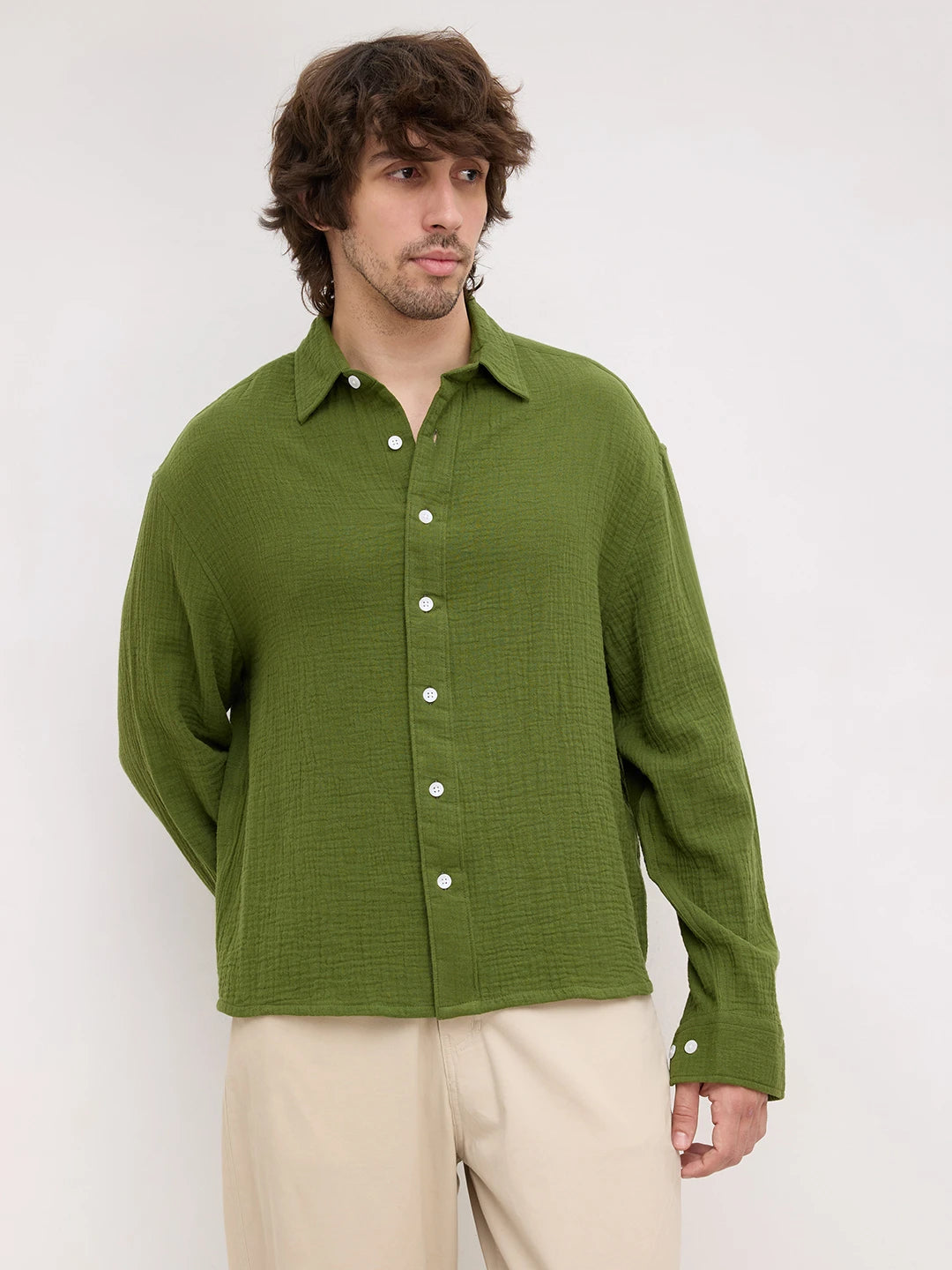 Evergreen Double Cloth Boxy Fit Crop Shirt