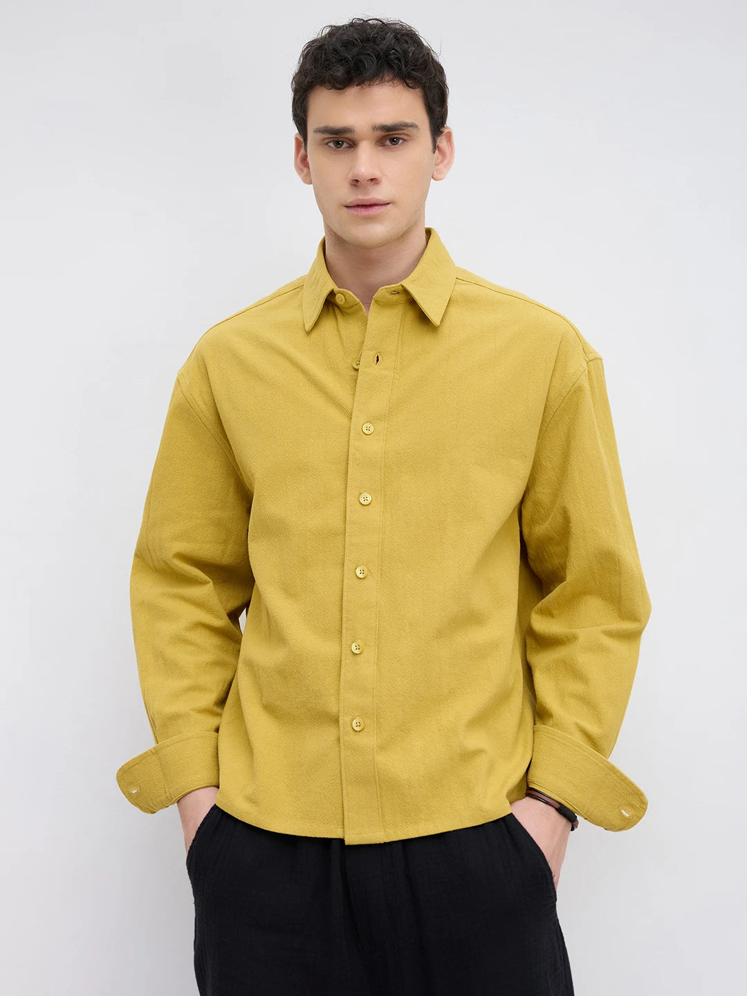 Intricate Dijon Yellow Textured Boxy Fit Crop Shirt
