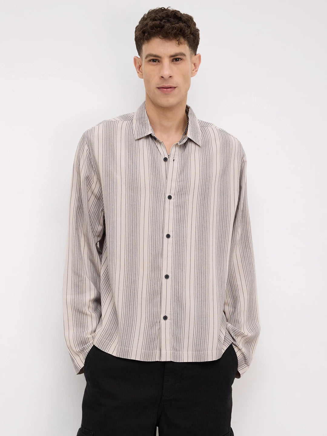 Soft Taupe Beige Striped Cuffless Oversized Shirt