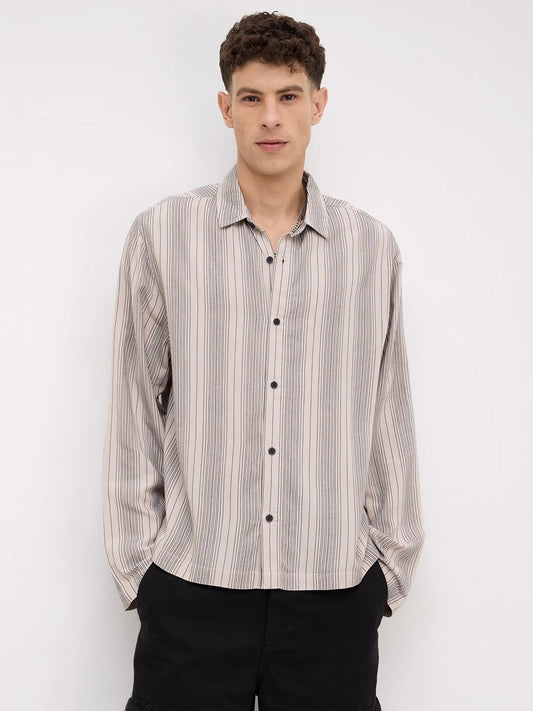 Soft Taupe Beige Striped Cuffless Oversized Shirt