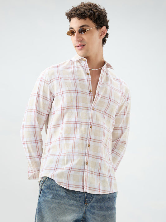 Sand Beige Windowpane Checks Linen Blend Shirt