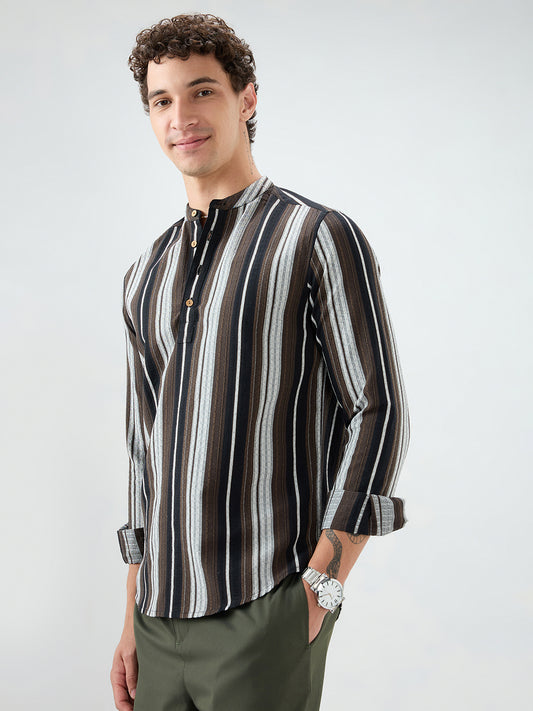 Black Graphic Weave Contrast Stripe Kurta