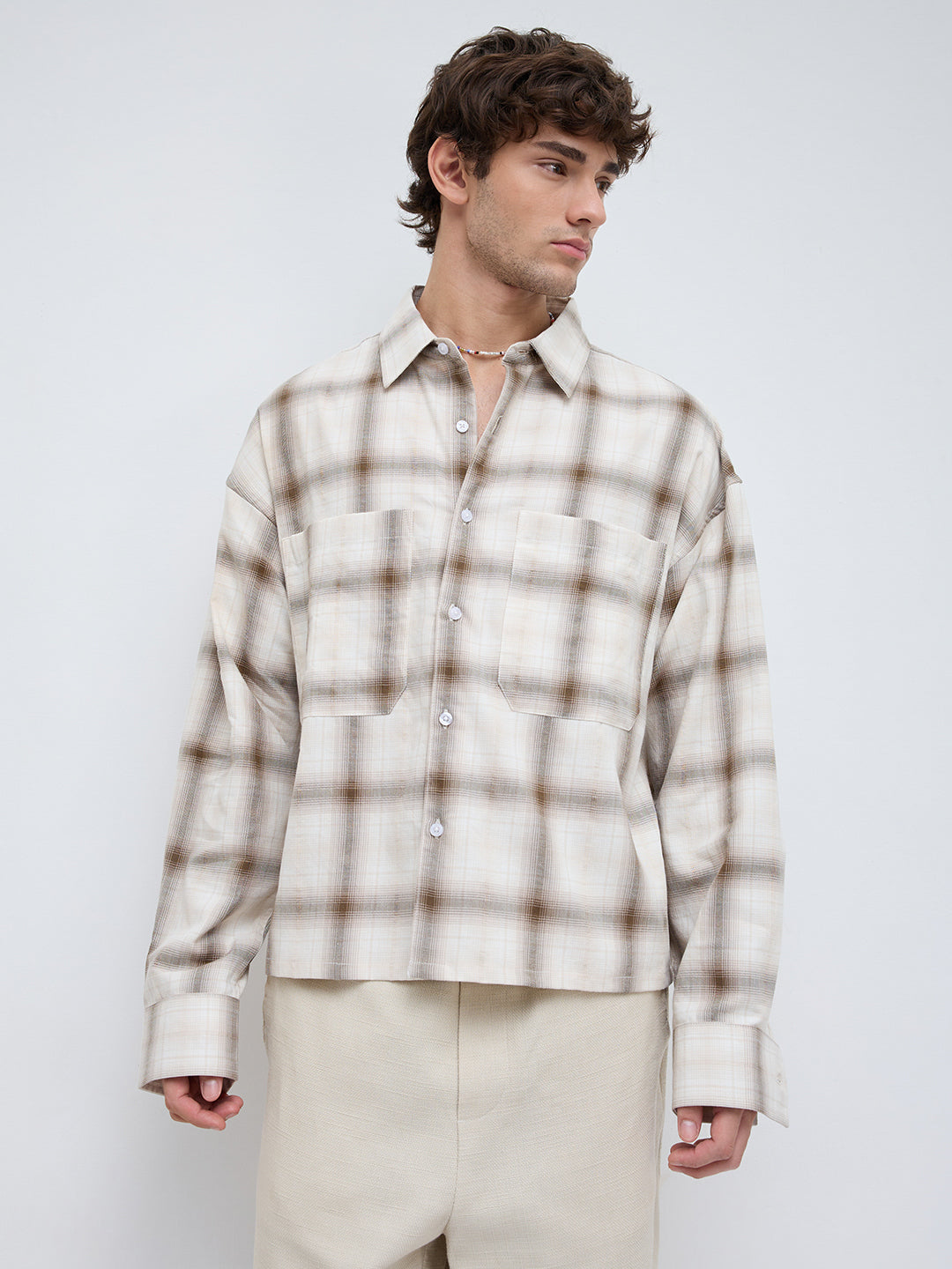 Beige & Brown Twin Pocket Boxy Fit Crop Shirt