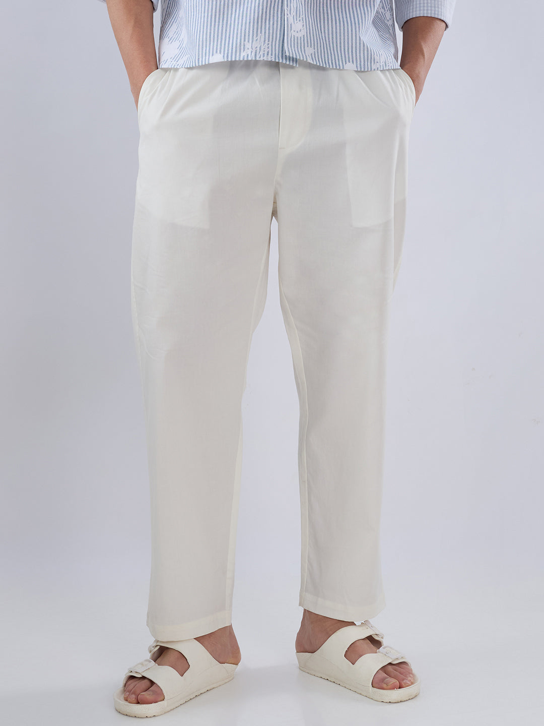 Solid Pastel Cream Tapered Trousers