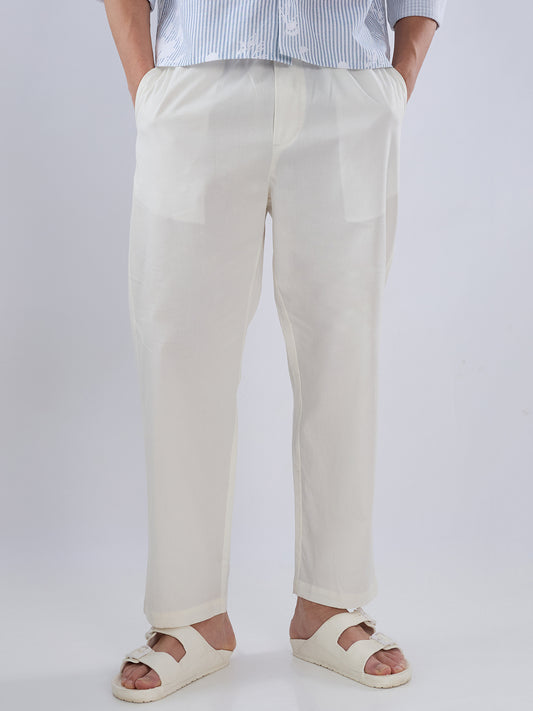 Solid Pastel Cream Tapered Trousers