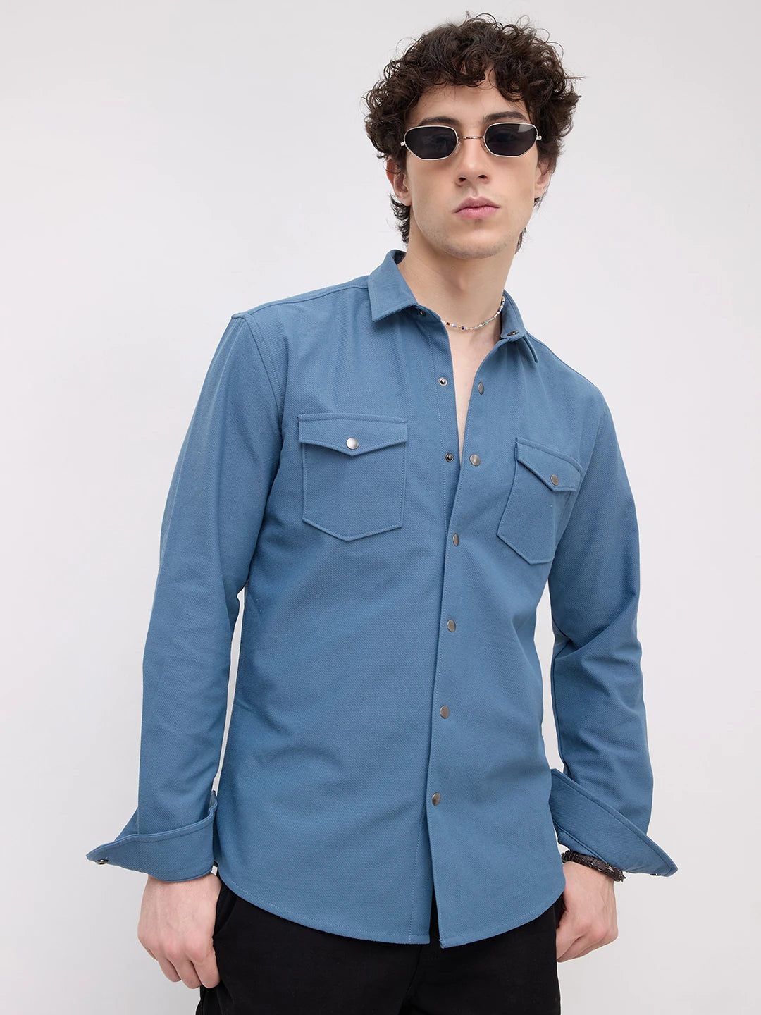 Cerulean Blue Twin Pocket Knitted Overshirt