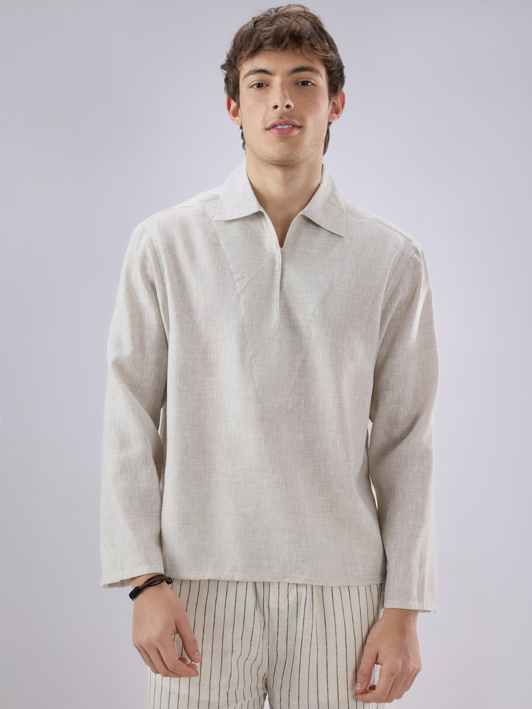 Greyish Green Textured Cuffless Oversized Shirt