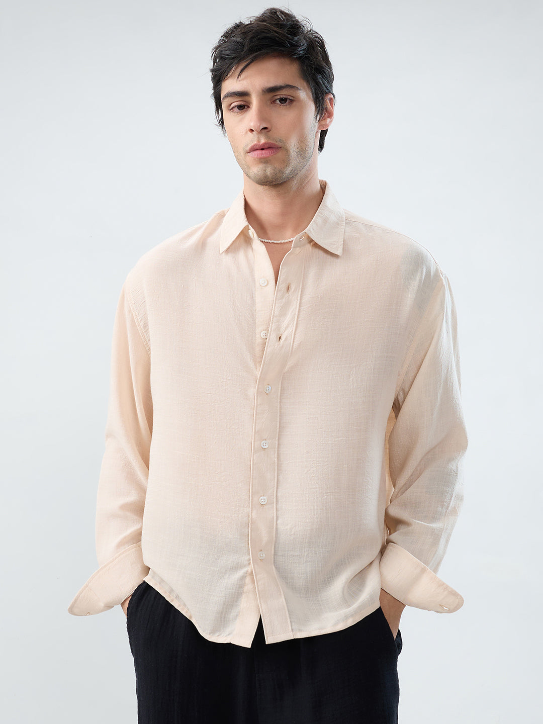 Pearl Cream Soft Sheer Slub Textured Shirt