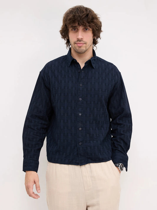 Distinguished Navy Architectural Weave Boxy Fit Crop Shirt