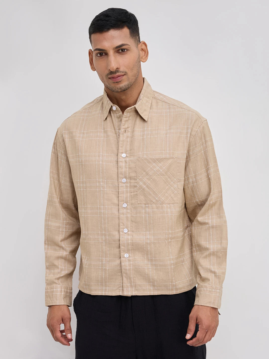 Sand Beige Windowpane Check Boxy Fit Crop Shirt