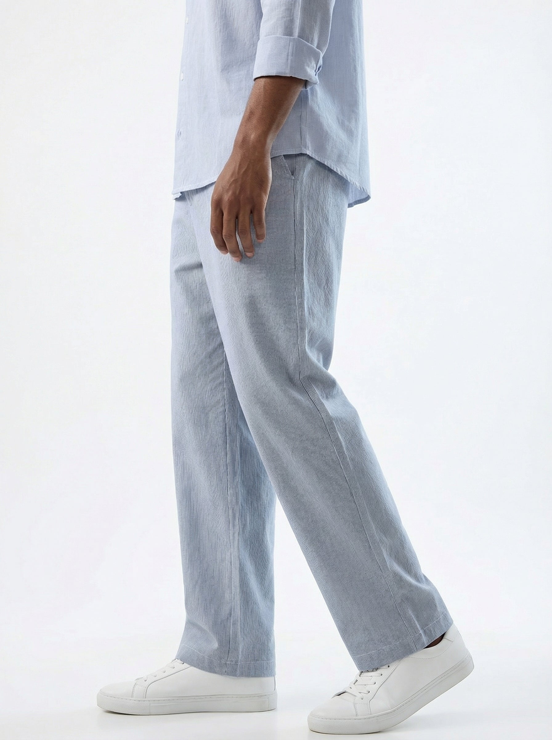 Blue & White Hairline Striped Straight-Fit Trousers