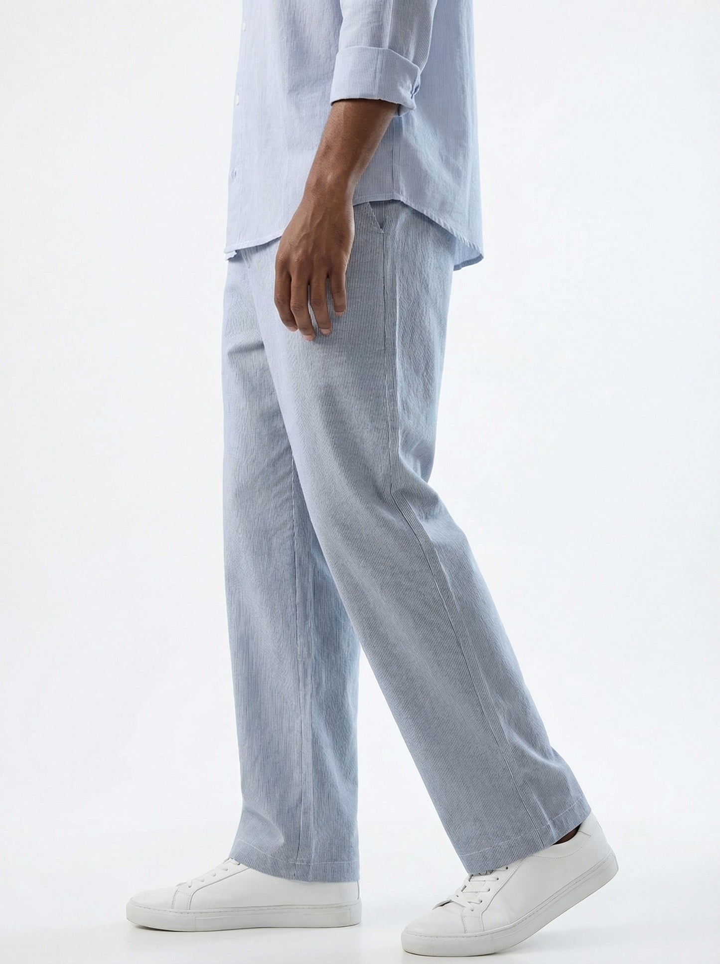 Blue & White Hairline Striped Straight-Fit Trousers