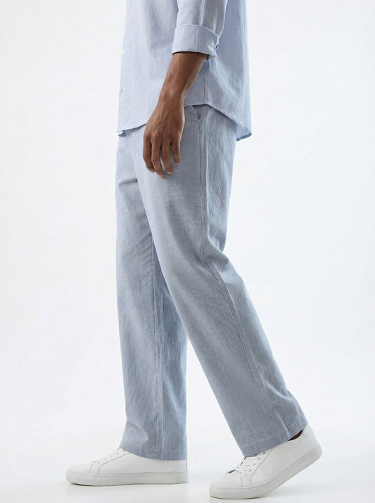 Blue & White Hairline Striped Straight-Fit Trousers