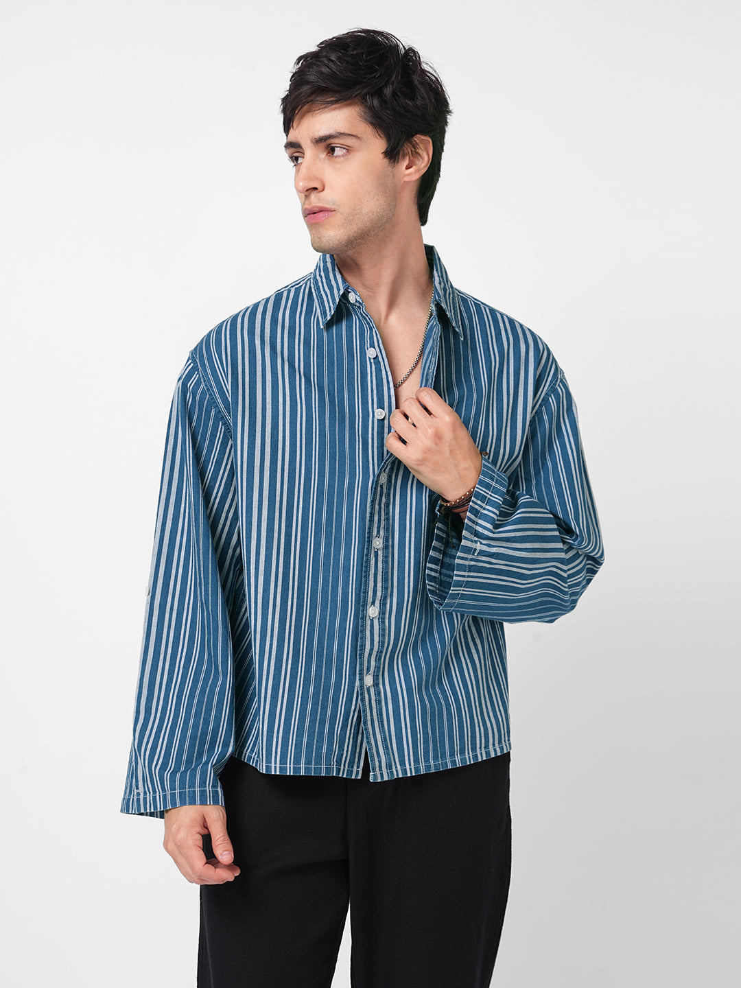Denim Blue & White Bold Striped Cuffless Oversized Crop Shirt