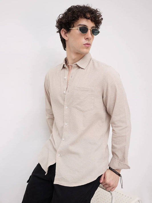 Pearl Beige Seersucker Textured Shirt