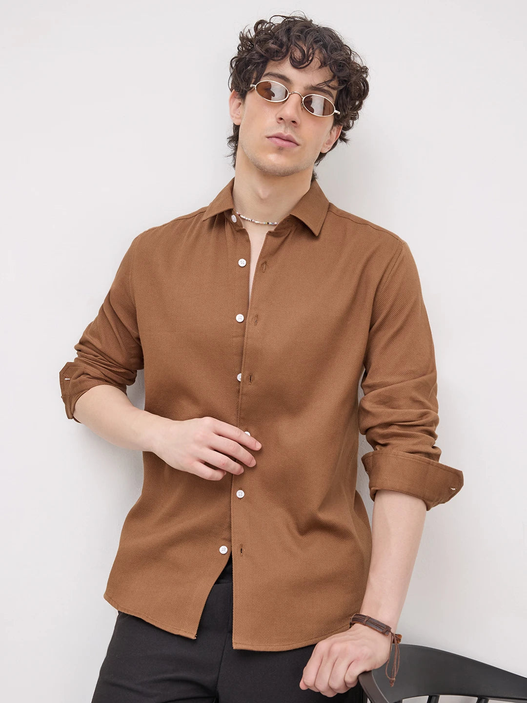 Elevated Russet Brown Honeycomb Weave Shirt