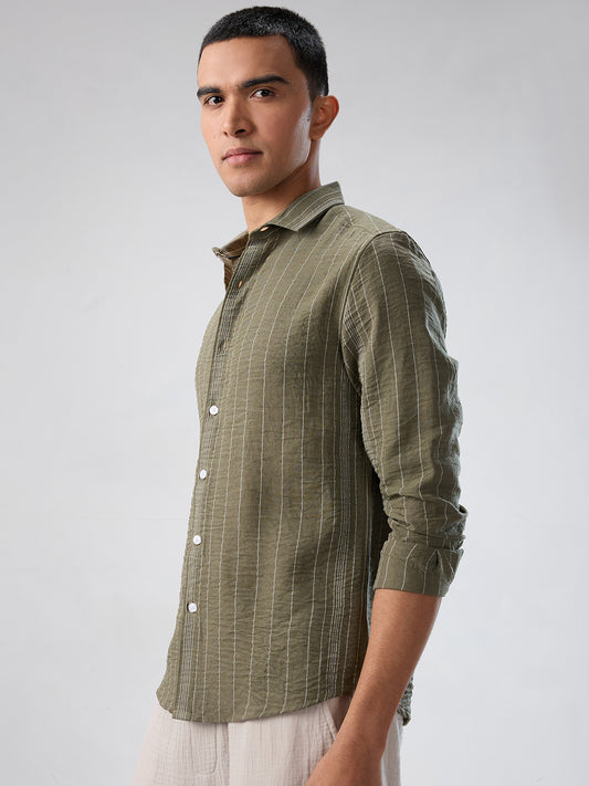 Olive Striped Crinkled Shirt