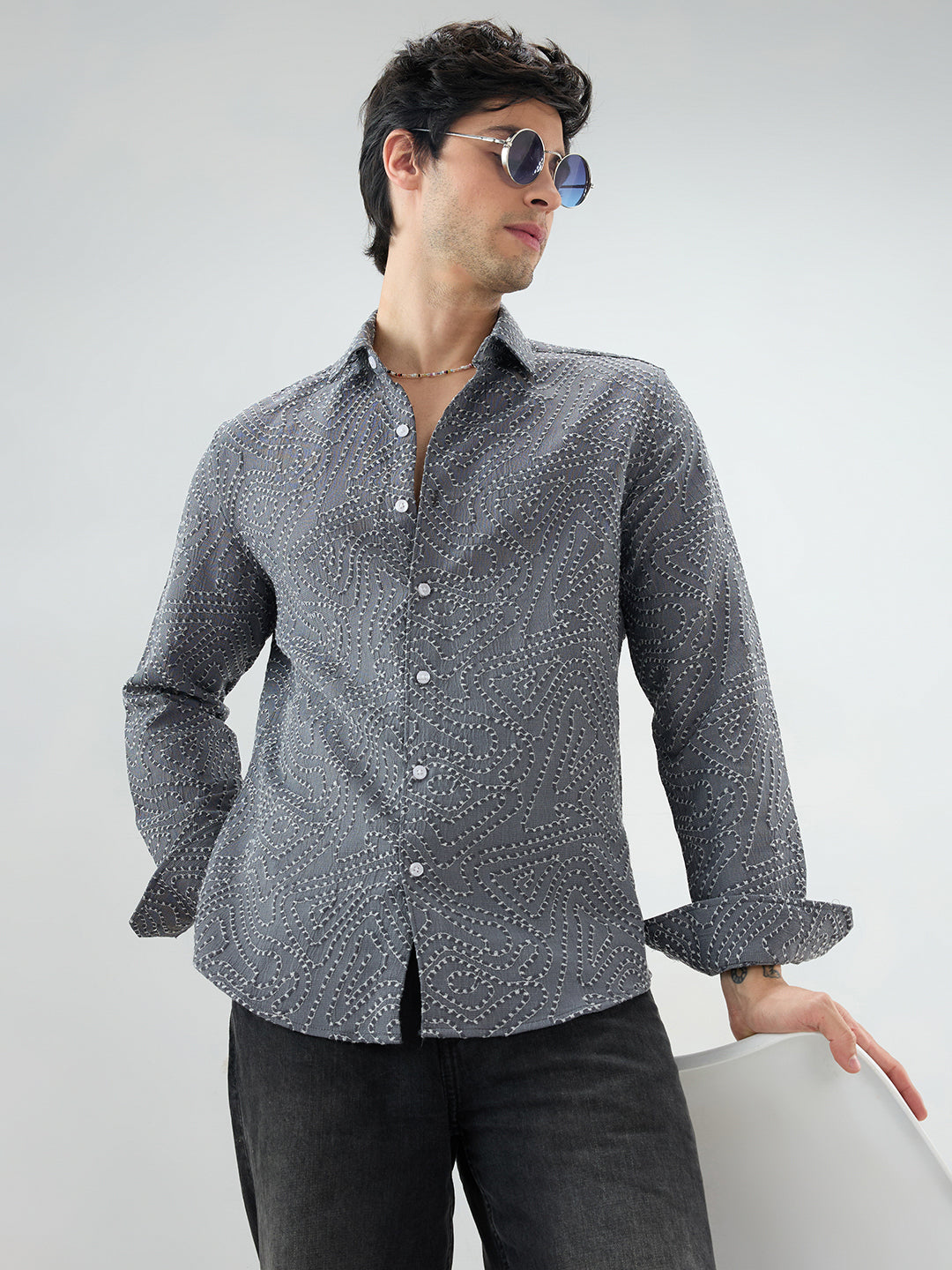 Ornate Charcoal Grey Ornamental Raised Stitch Shirt