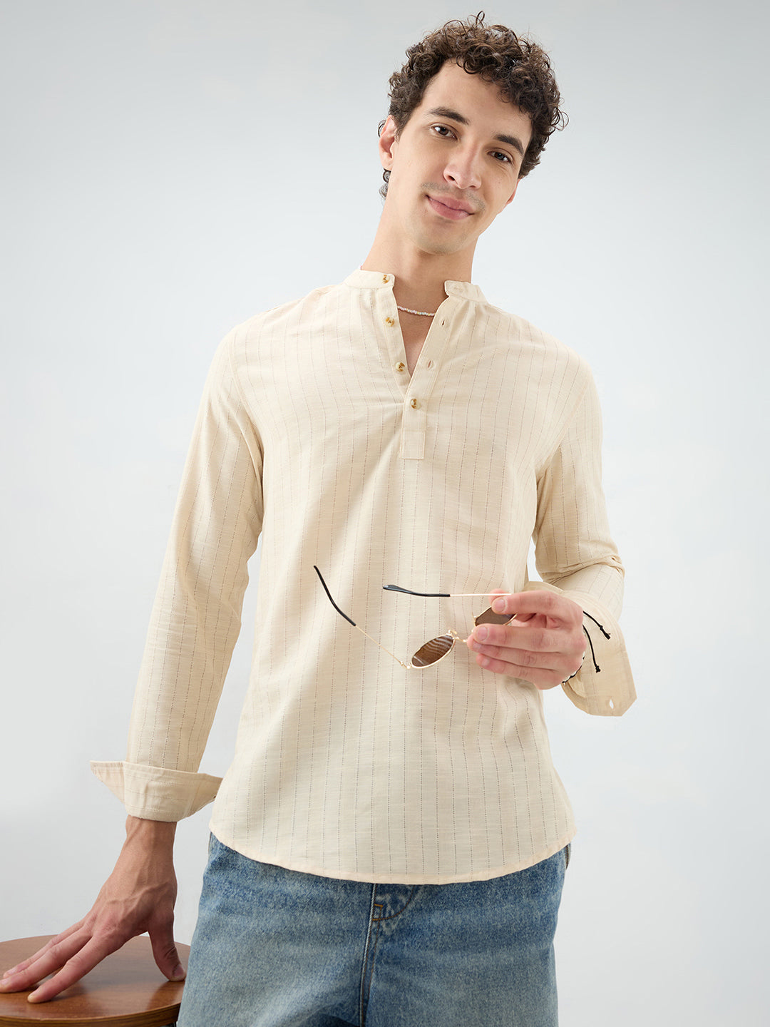 Soft Beige Ladder Striped Evening Kurta