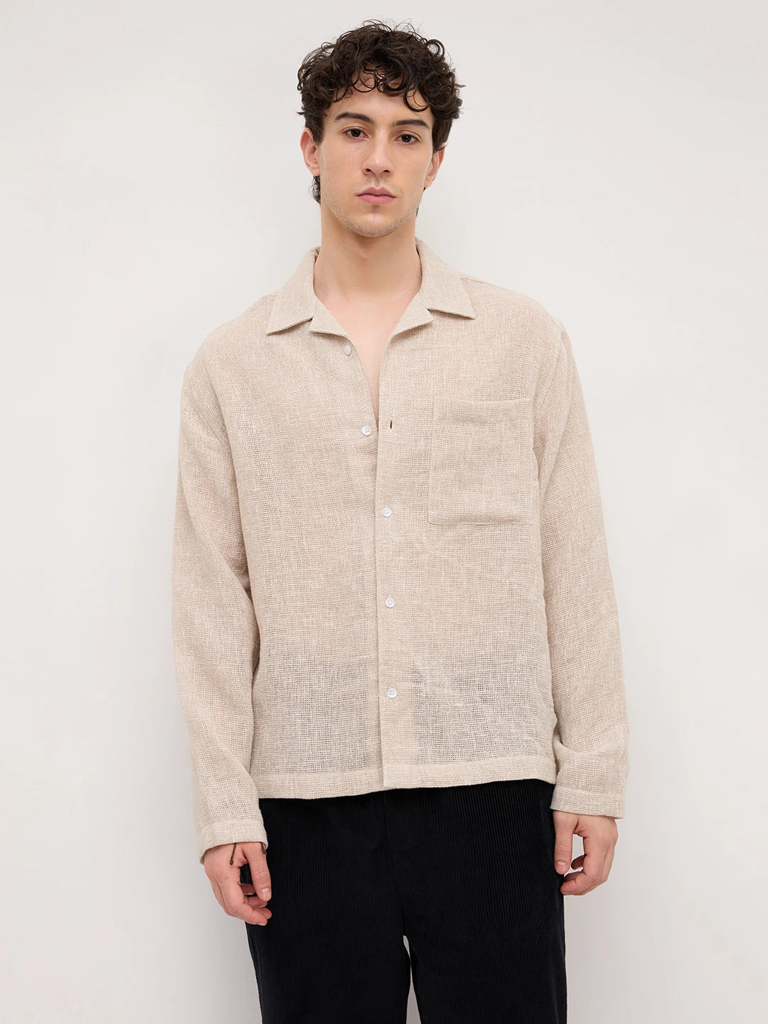 Artisan Sand Mesh Weave Notch Collar Oversized Shirt