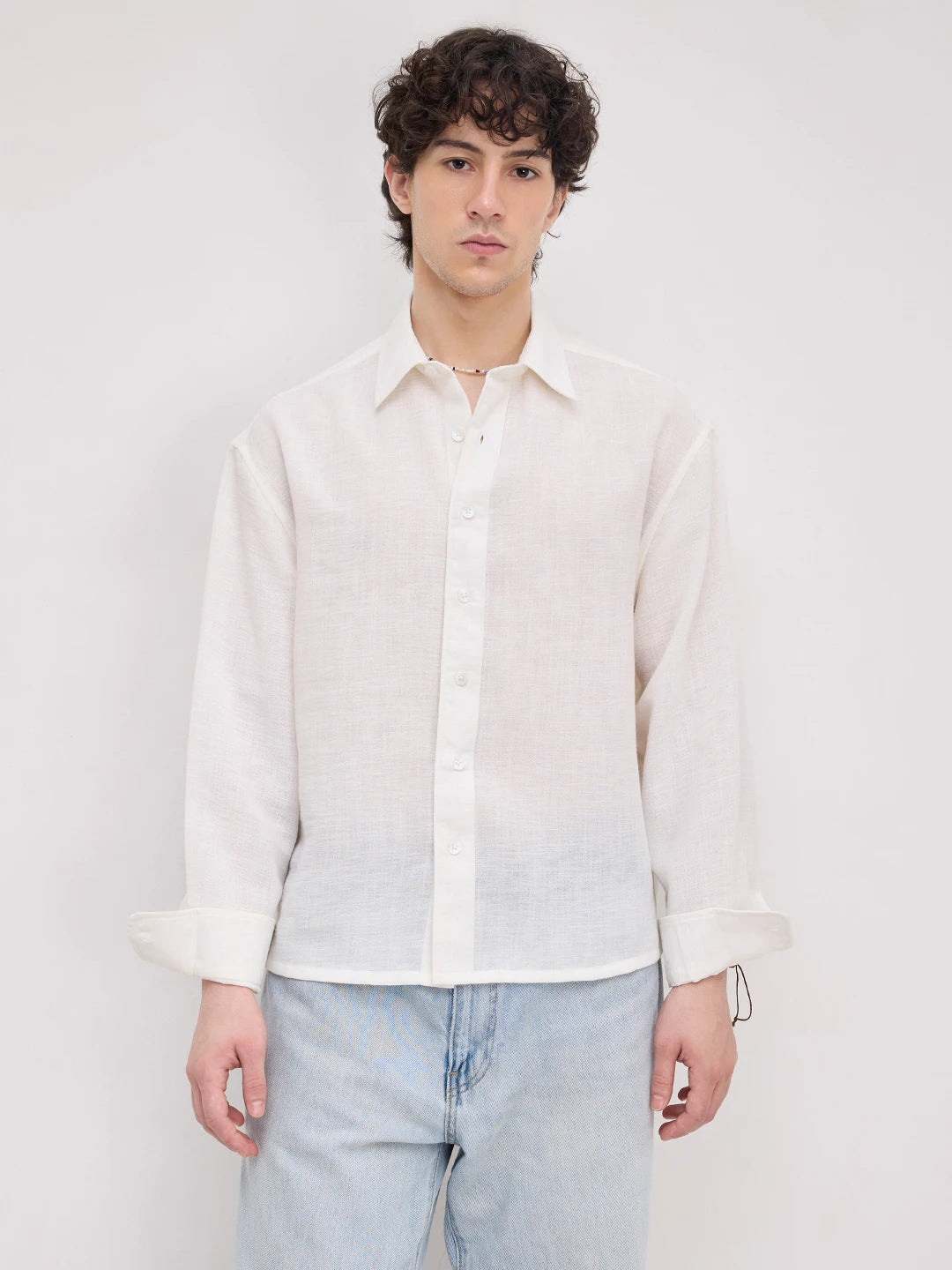 Plush Frost White Sheer Weave Boxy Fit Crop Shirt