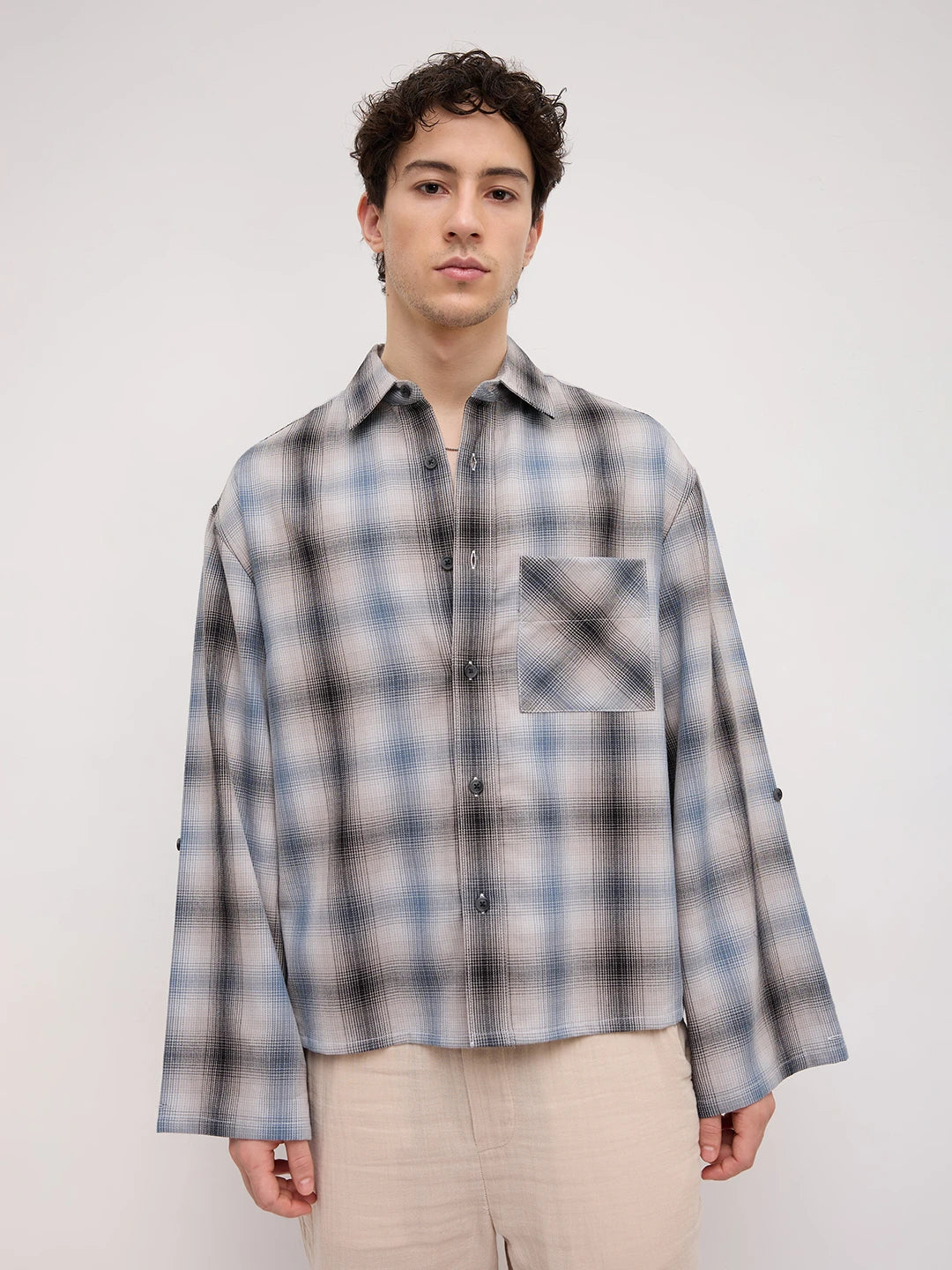 Luxe Grey Shadow Checks Cuffless Oversized Crop Shirt