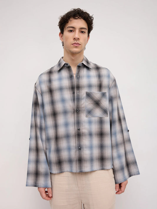 Luxe Grey Shadow Checks Cuffless Oversized Crop Shirt