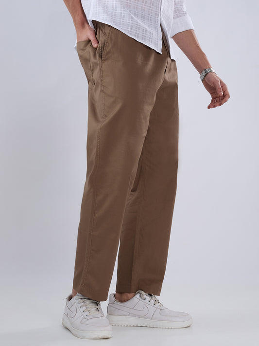 Solid Brown Tapered Trousers