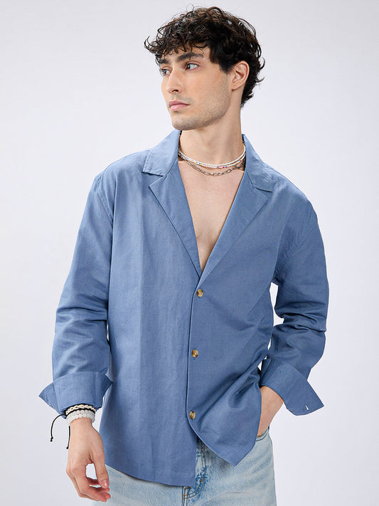 Steel Blue Linen Blend Lapel Collar Oversized Shirt