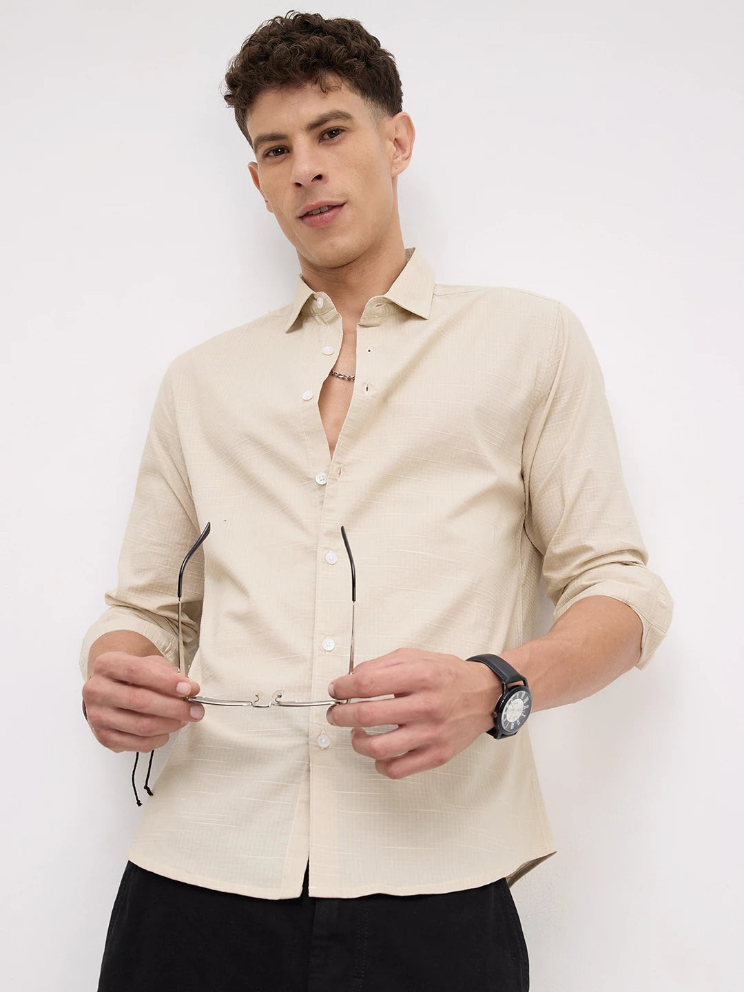 Bisque Beige Micro Square Textured Shirt