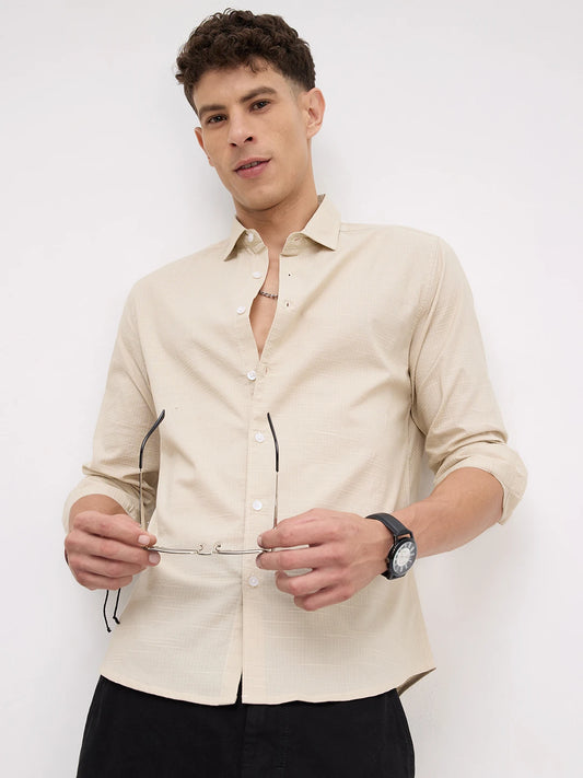 Bisque Beige Micro Square Textured Shirt