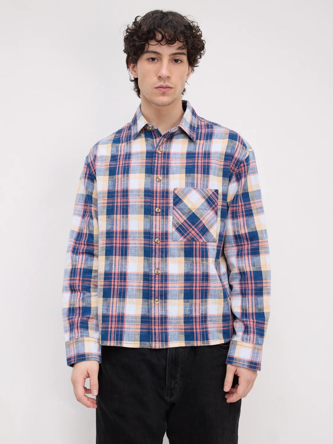 Luxe Denim Coral Pink Plaid Checks Boxy Fit Crop Shirt