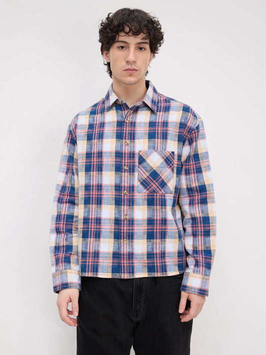 Luxe Denim Coral Pink Plaid Checks Boxy Fit Crop Shirt