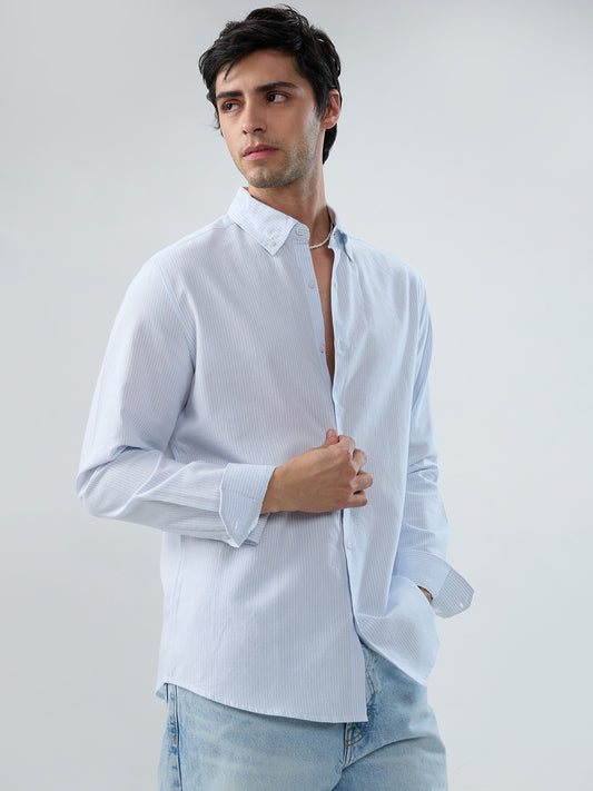 Ice Mist Blue Fine Striped Button-Down Collar Business Shirt