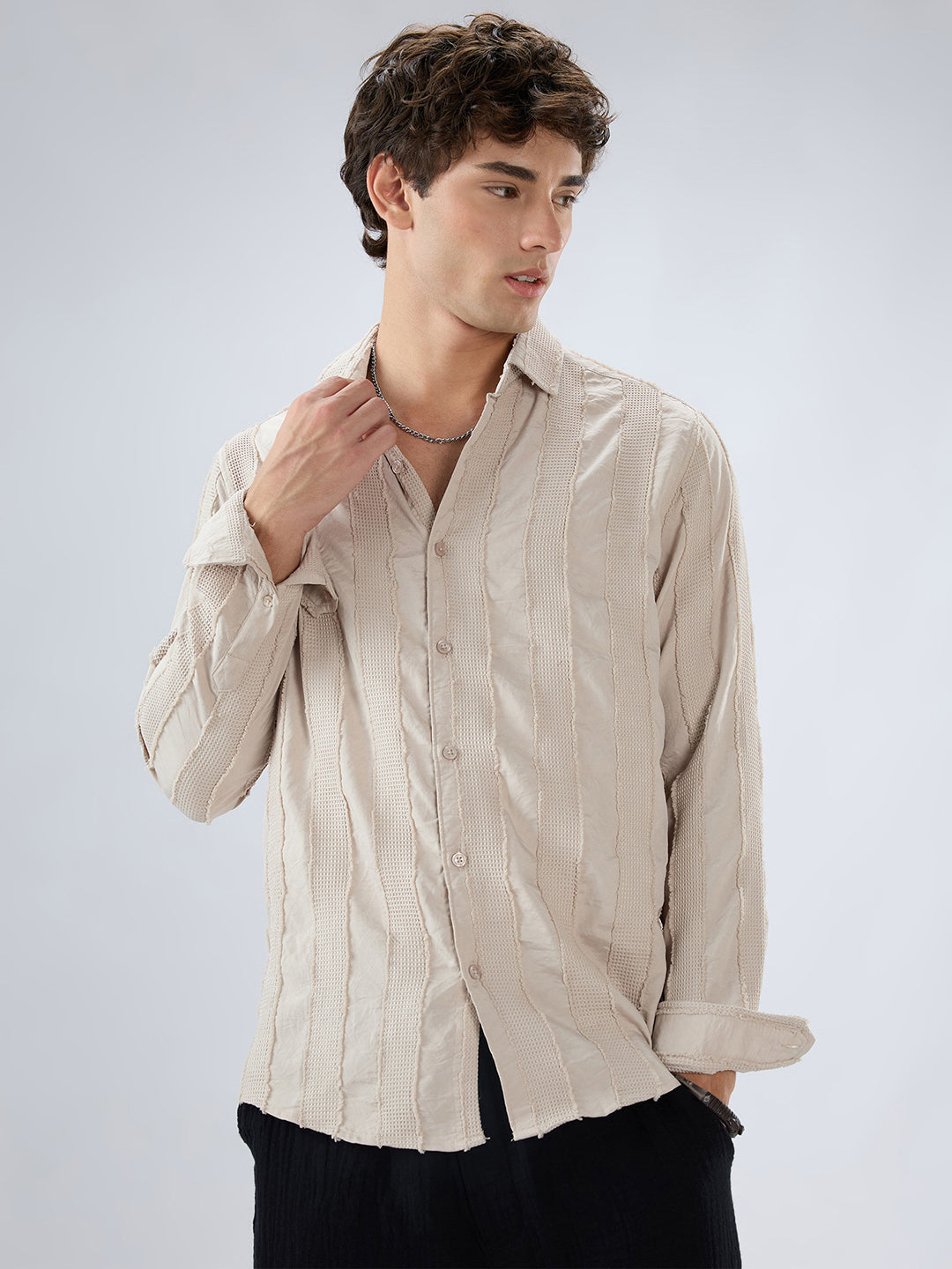 Bisque Beige Frayed Panelled Waffle Textured Shirt