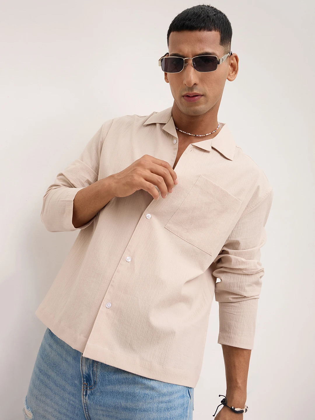 Luxe Beige Fine Textured Notch Collar Oversized Shirt