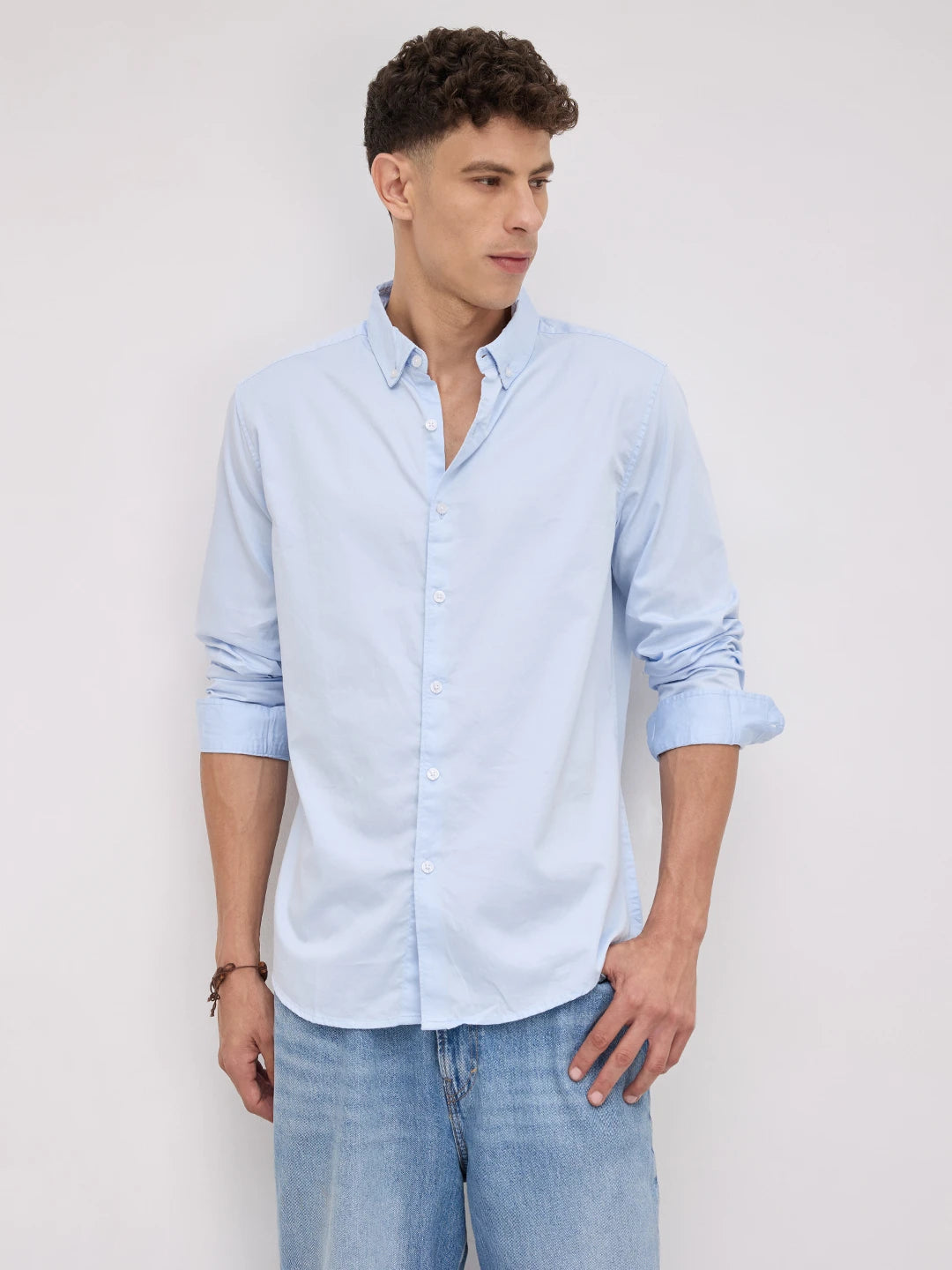 Bluemist Button-Down Collar Satin Shirt