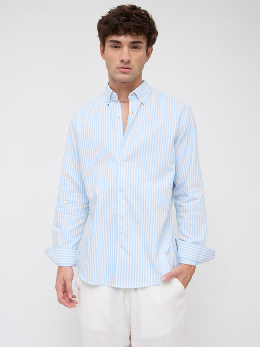Soft Blue Oxford Vertical Striped Button-Down Collar Shirt