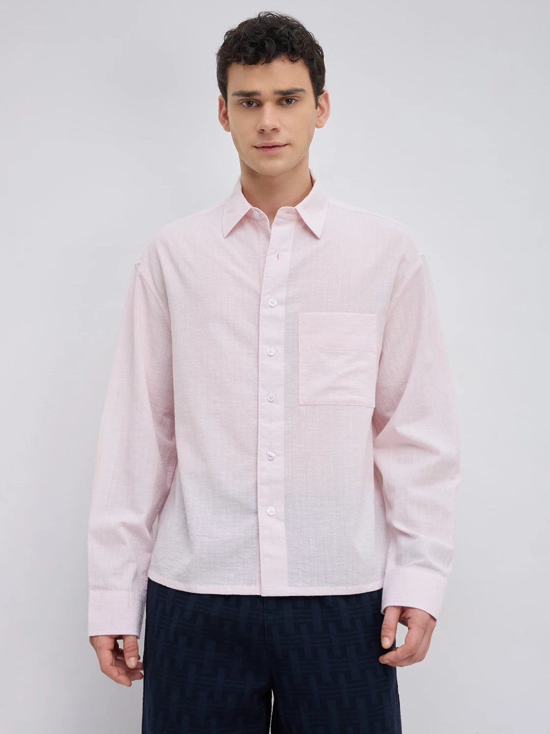 Blush Pink Fine Striped Textured Boxy Fit Crop Shirt
