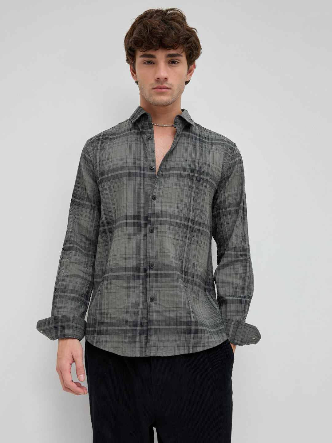 Olive & Black Plaid Checks Textured Shirt