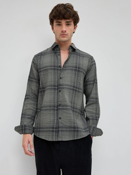 Olive & Black Plaid Checks Textured Shirt