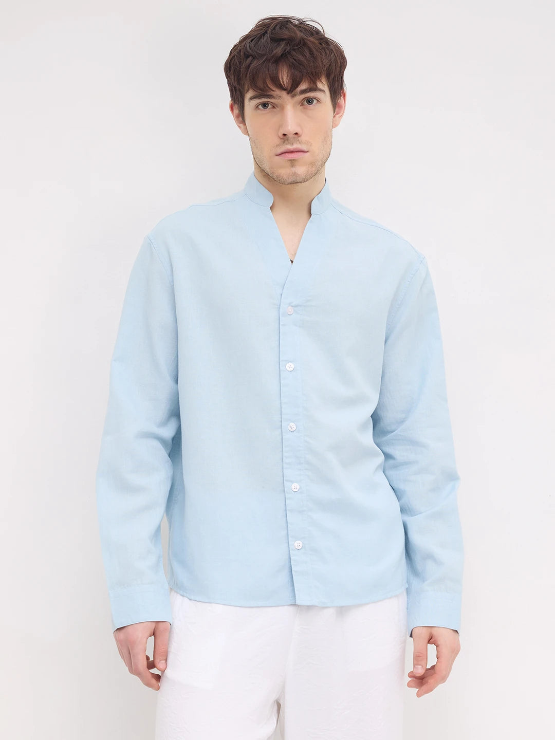 Rich Moring Blues Linen Blend Stand Collar Oversized Shirt