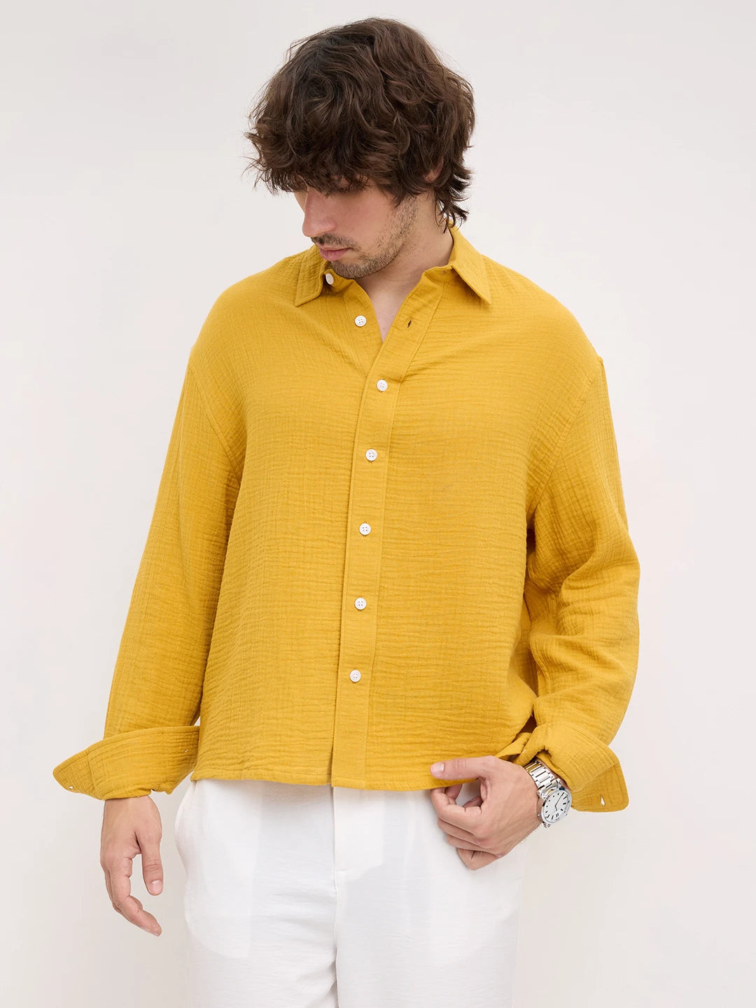 Radiant Gold Double Cloth Boxy Fit Crop Shirt