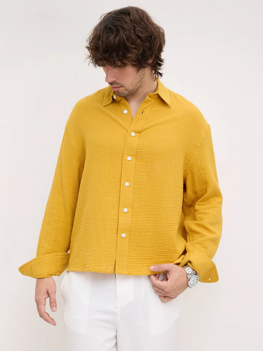 Radiant Gold Double Cloth Boxy Fit Crop Shirt