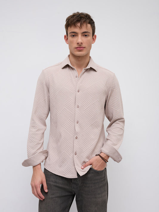 Urban Clay Beige Lozenge Textured Knitted Shirt
