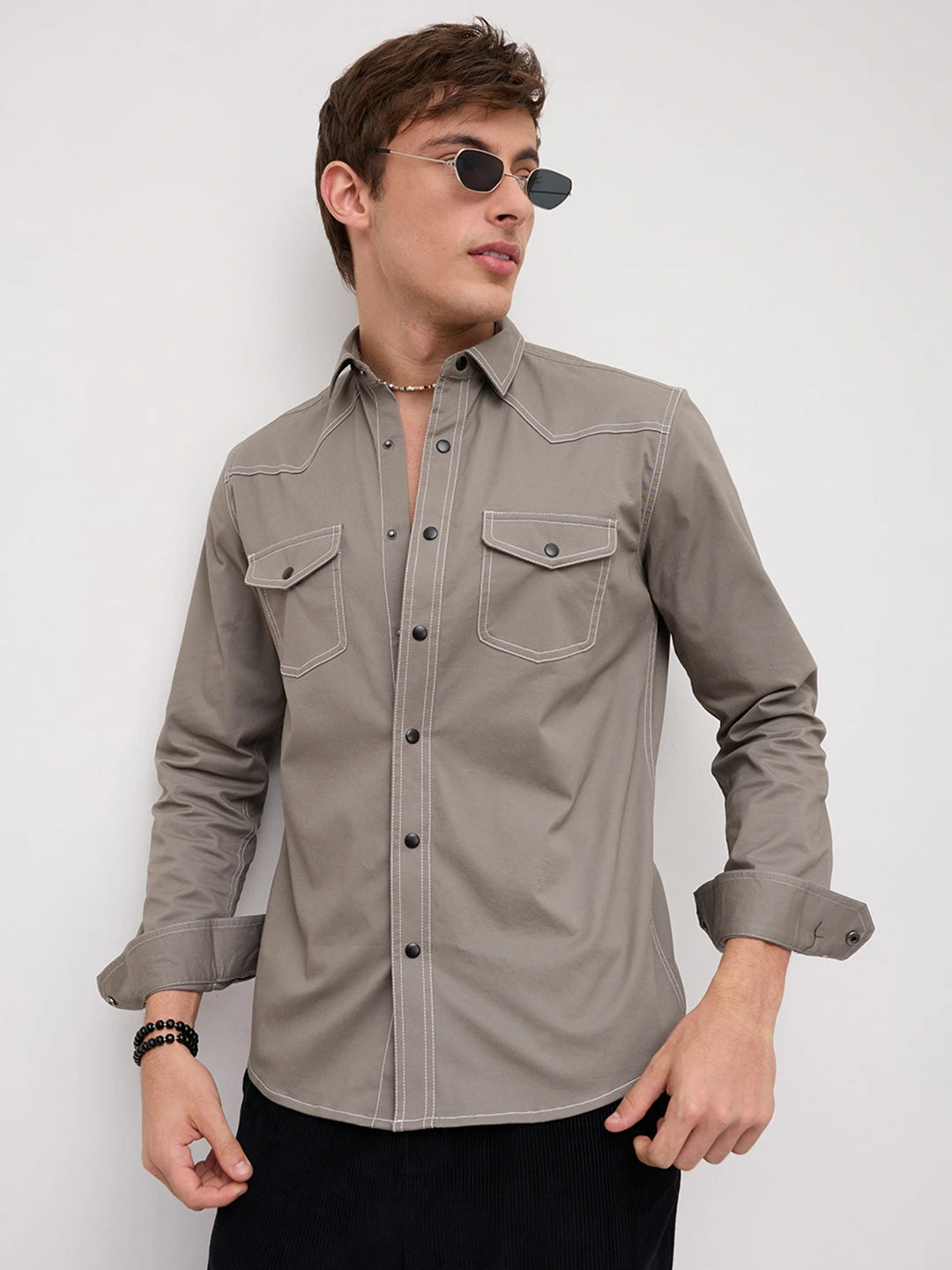 Grey Contrast Stitch Twin Pocket Shirt